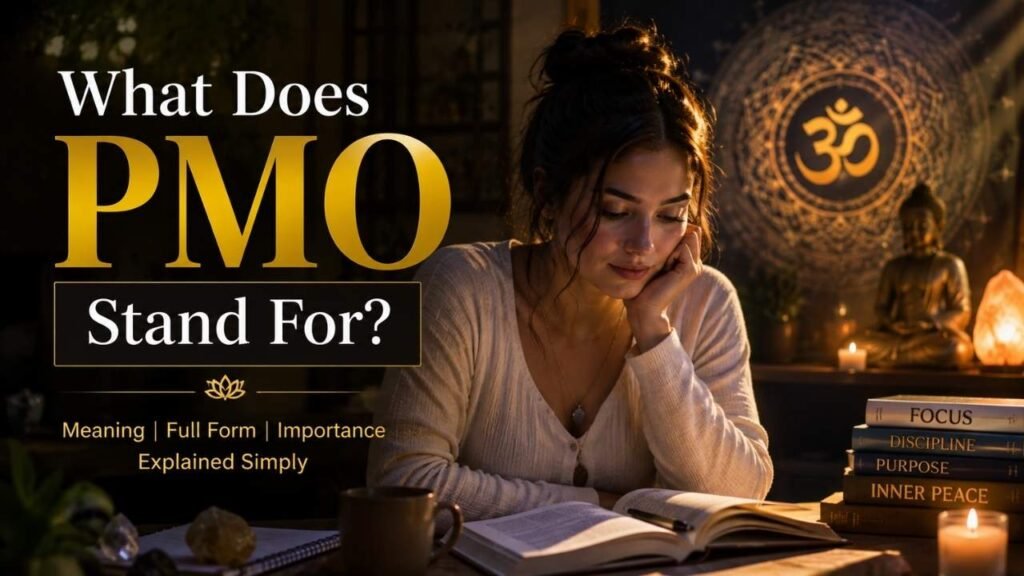 What does PMO stand for? illustrated with a woman studying the PMO meaning in a peaceful, spiritually inspired workspace.