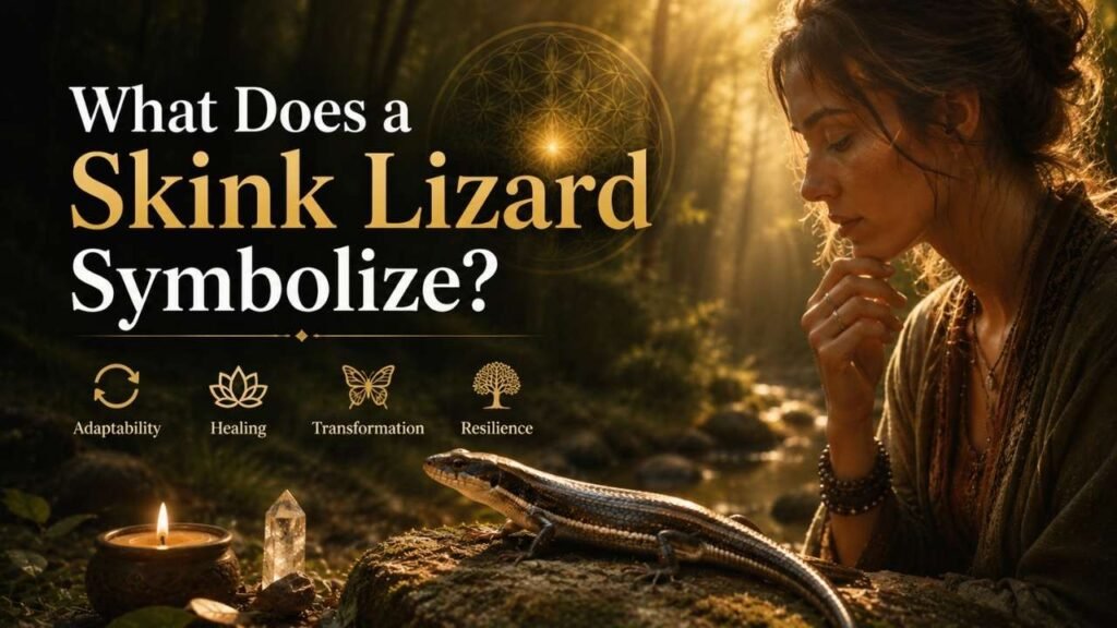 Realistic skink lizard beside a contemplative woman in a mystical forest, symbolizing adaptability, healing, transformation, and resilience.