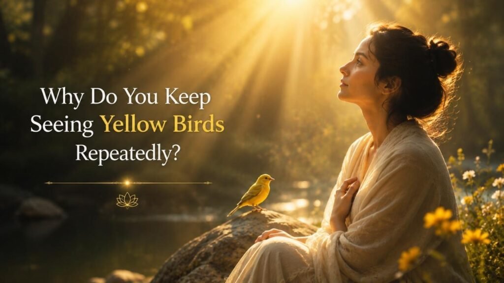 Woman peacefully watching a yellow bird while surrounded by warm golden light