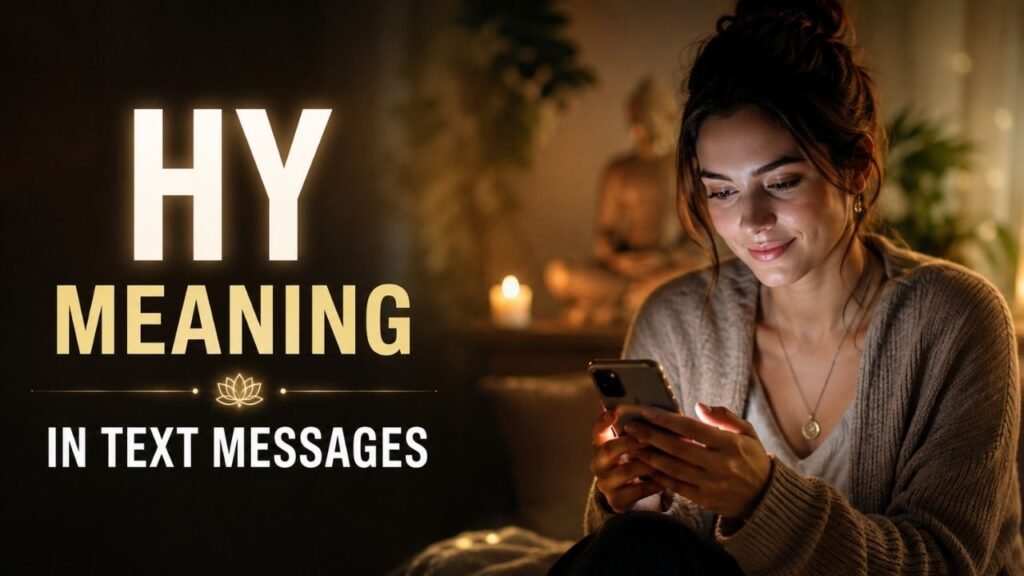 Young woman using a smartphone in a warm spiritual setting with candles and “HY Meaning in Text Messages” text.
