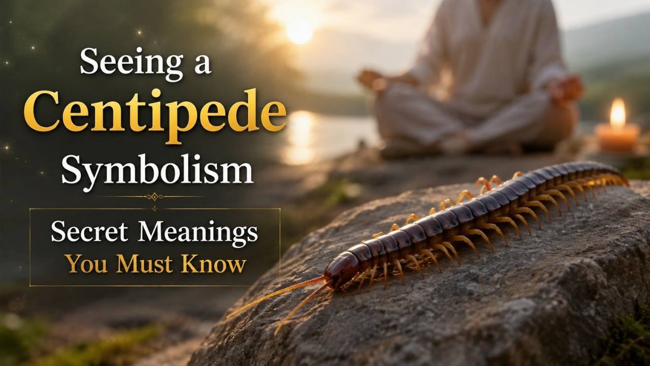 Realistic centipede on a rock with a meditating person in the background, symbolizing spiritual messages and transformation.