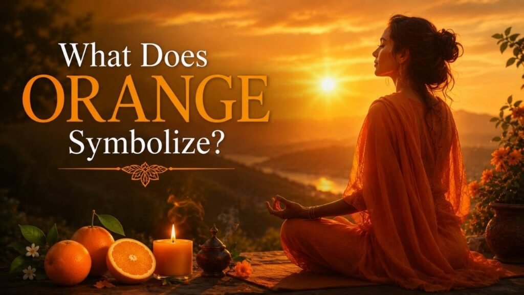 A peaceful woman in orange clothing meditating beside oranges and a candle at sunrise, representing orange symbolism, spirituality, energy, and warmth.