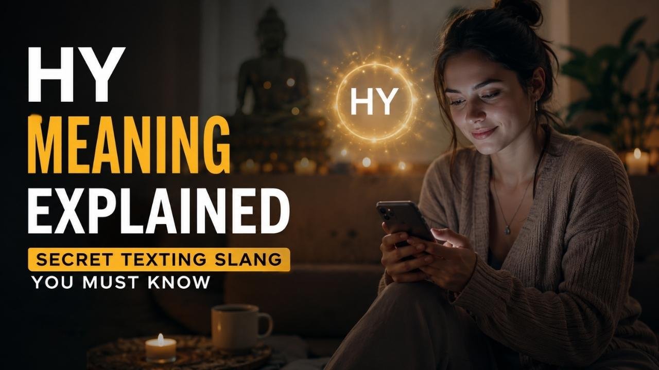 Realistic woman texting on her phone in a peaceful, candlelit setting with glowing “HY Meaning” text.