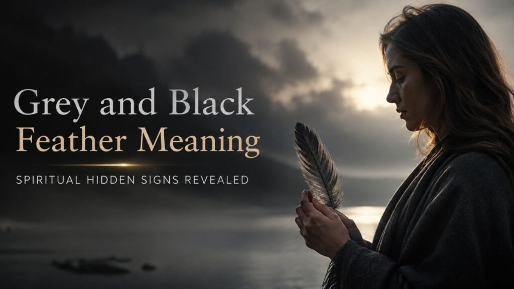 A contemplative woman holding a grey-black feather against a glowing spiritual sunset, exploring its deeper meaning.