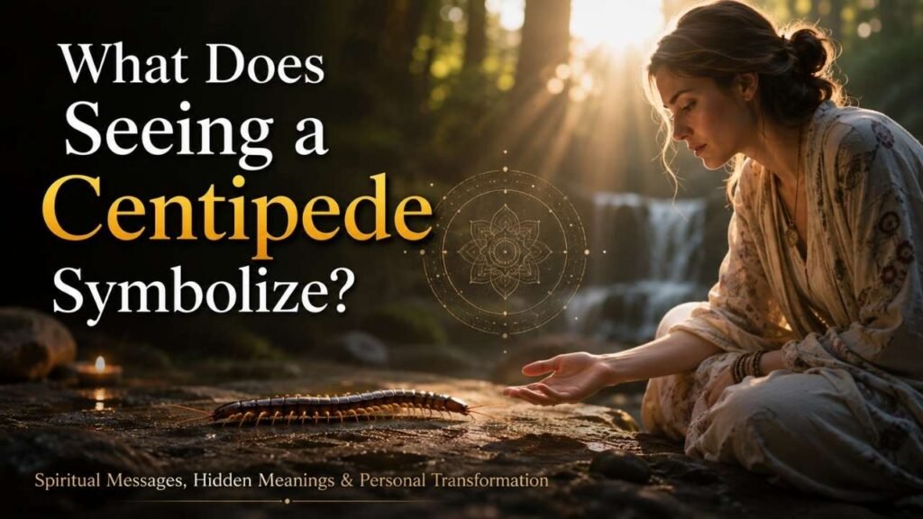 Woman observing a centipede in a peaceful forest setting, representing the spiritual symbolism and hidden meaning of seeing a centipede.