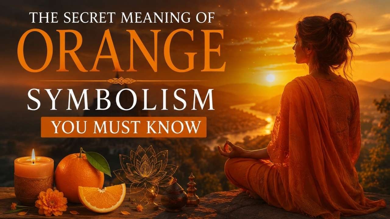 A woman meditating at sunset in orange robes, surrounded by oranges, flowers, candles, and spiritual elements, symbolizing the meaning of orange.