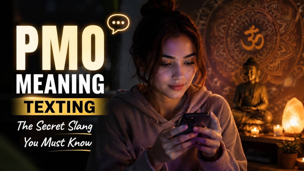 PMO meaning texting explained with a woman checking her phone in a warm, spiritual setting.