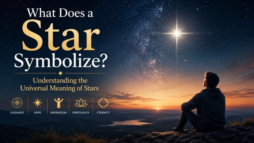 A reflective person watches a brilliant star over a mountain landscape at dusk, representing the universal symbolism of stars as guidance, hope, inspiration, spirituality, and eternity.