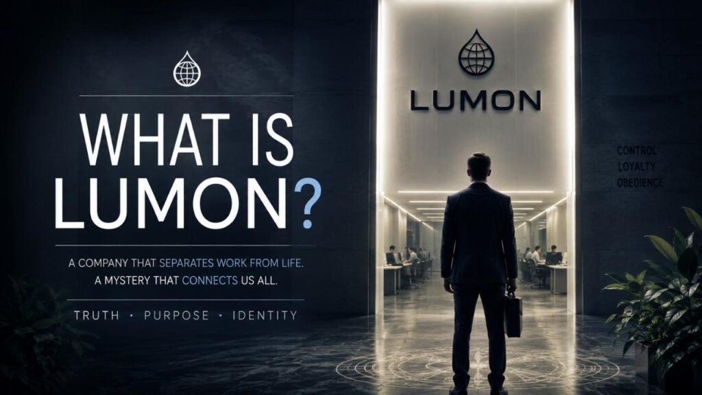 “What is Lumon explained with a realistic employee entering a mysterious Lumon office with symbolic lighting.”