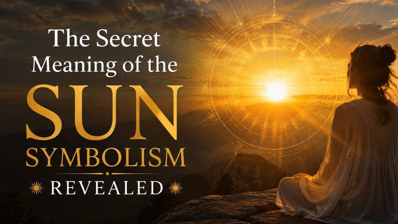 Woman meditating before a glowing sun over mountains, representing life, energy, clarity, vitality, and enlightenment.