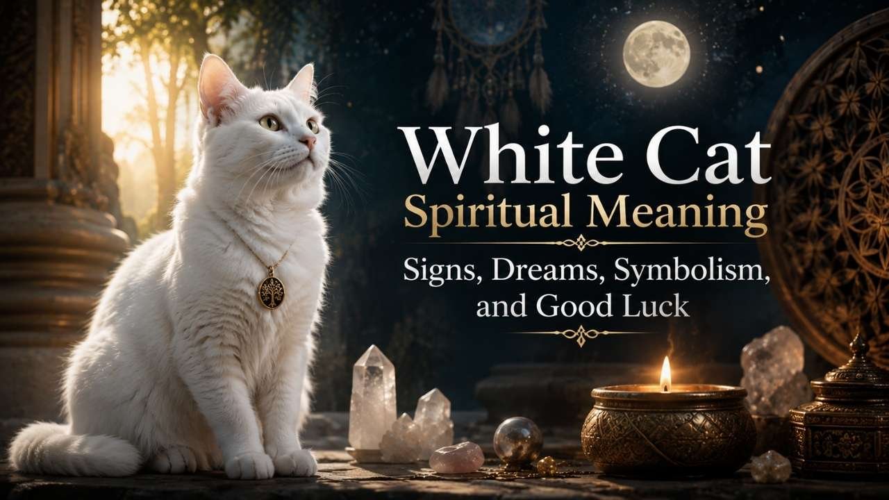 White cat spiritual meaning symbolizing purity, protection, intuition, and hidden spiritual guidance in a mystical setting.