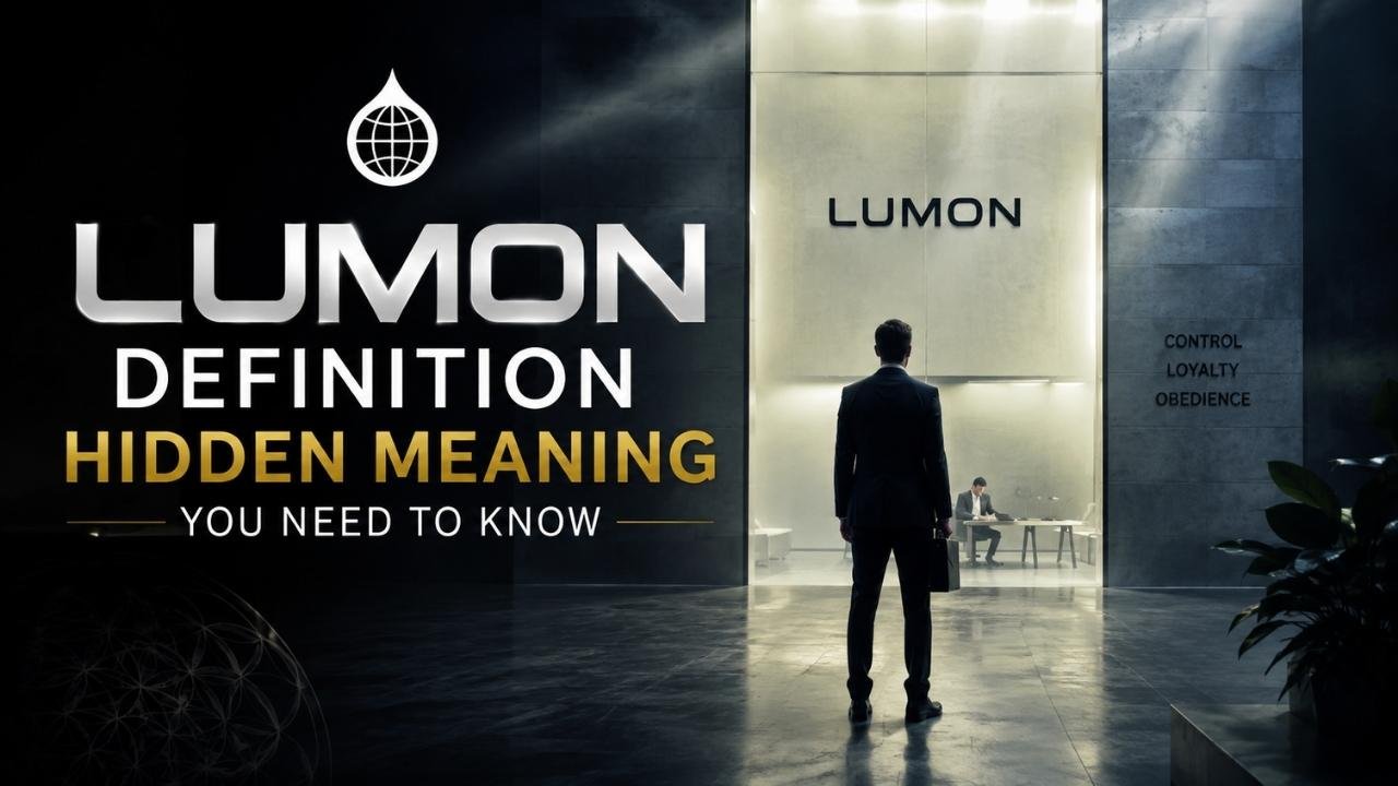 “Lumon definition hidden meaning shown through a realistic corporate office and mysterious Lumon entrance.”