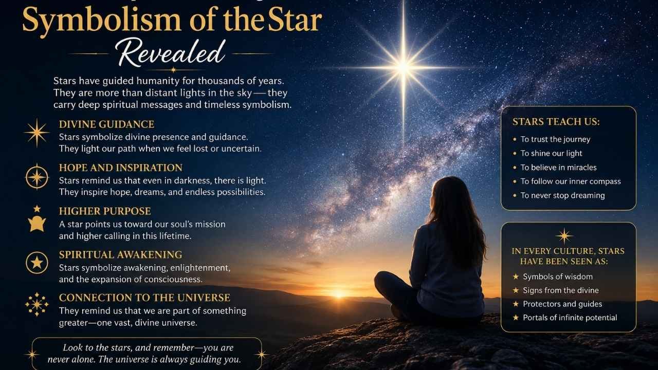 A person sits peacefully under a star-filled night sky, gazing at a radiant star above mountains, symbolizing spiritual guidance, hope, and inner light.