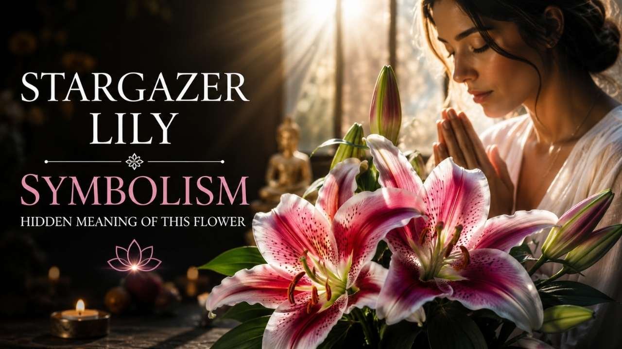 Stargazer lilies with a woman meditating in a peaceful spiritual setting, symbolizing love, hope, ambition, and spiritual growth.