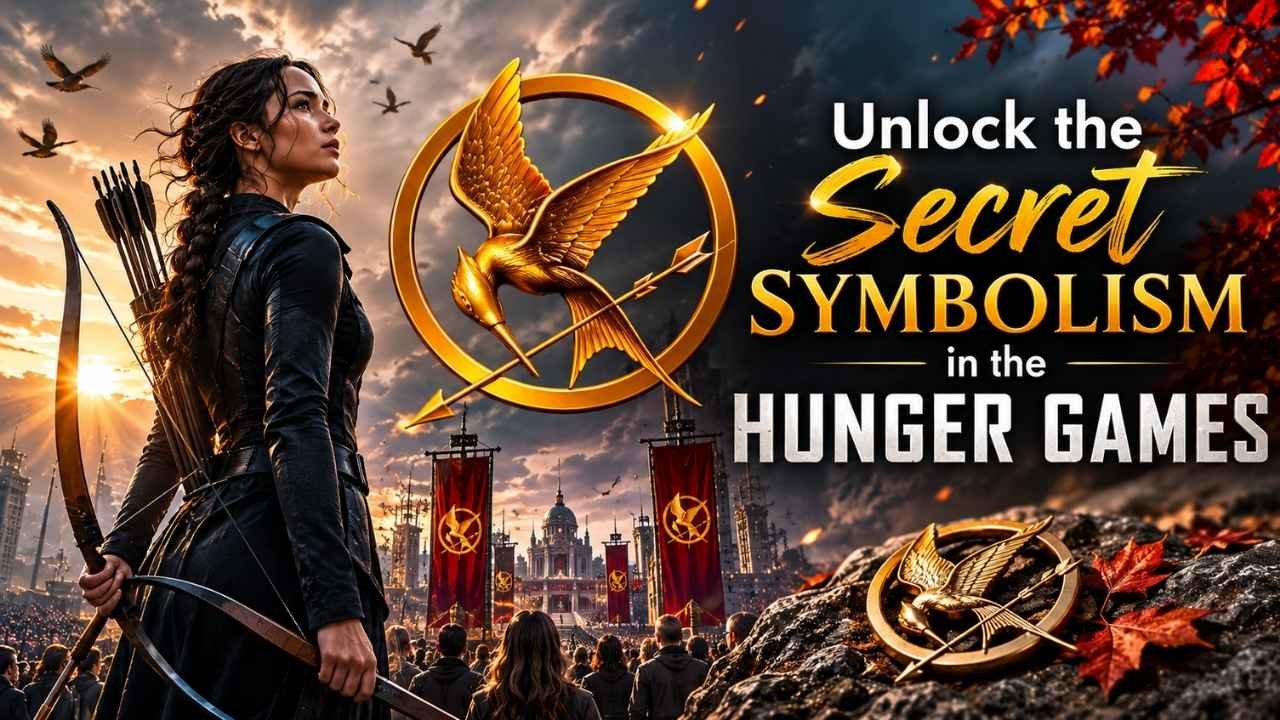 Realistic young woman with a bow beside a glowing Mockingjay emblem, symbolizing freedom, rebellion, and hope in The Hunger Games.