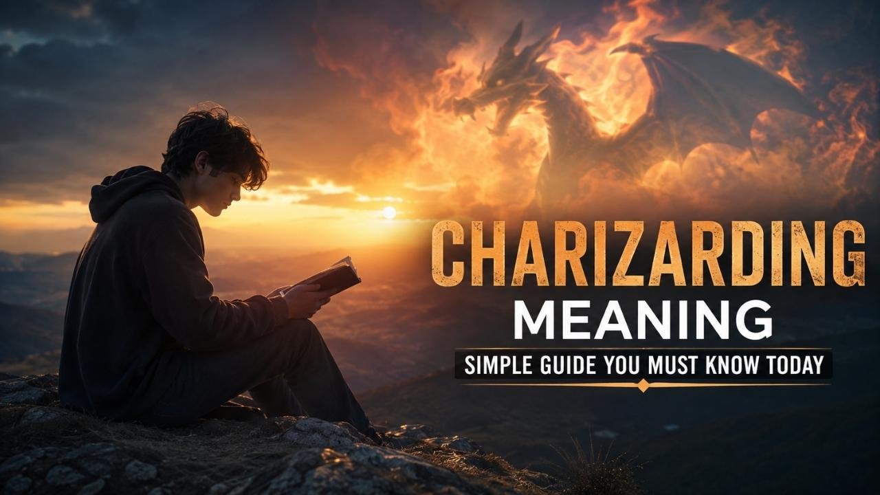Realistic young man reading on a mountain at sunset with a mystical dragon-shaped figure in the glowing sky, symbolizing Charizarding and spiritual transformation.