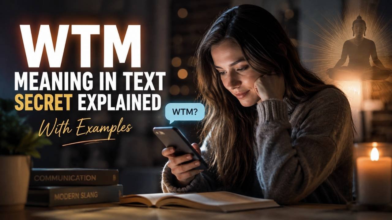 Realistic woman checking her phone while exploring the meaning of “WTM” in text, with a warm spiritual atmosphere.