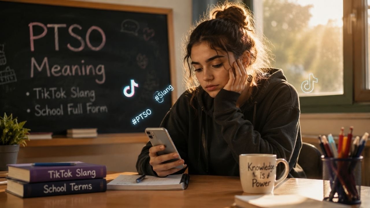 Realistic student using a smartphone in a classroom while a chalkboard displays PTSO meaning, TikTok slang, and school full form.