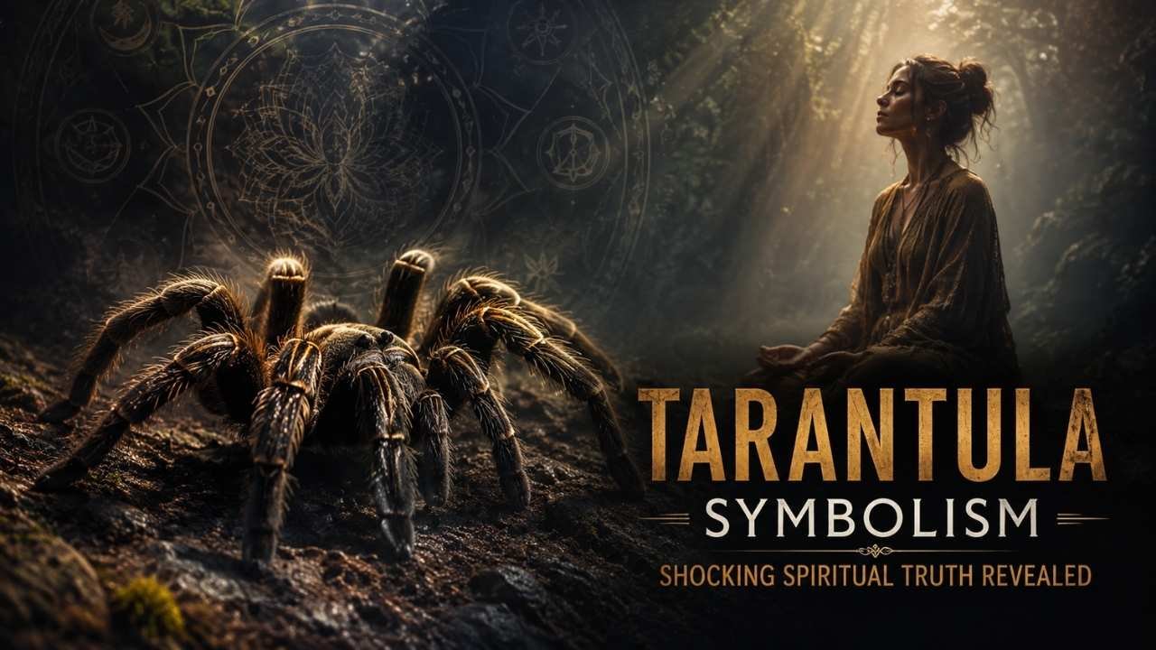 Realistic tarantula in a mystical forest with a meditating woman, golden spiritual symbols, and the words “Tarantula Symbolism: Shocking Spiritual Truth Revealed.”