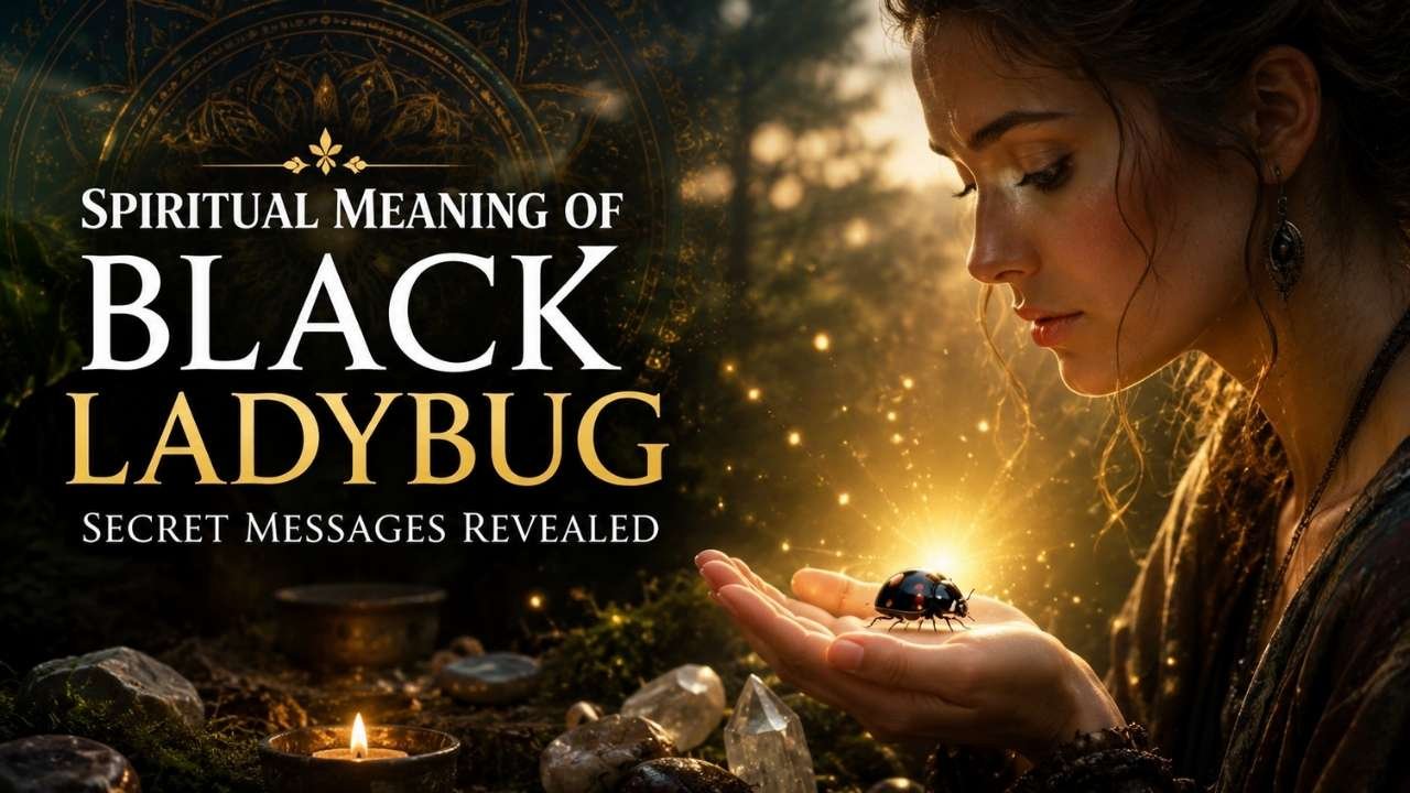 Realistic woman holding a black ladybug in a mystical forest, surrounded by golden light, crystals, and spiritual symbols representing protection and hidden messages.