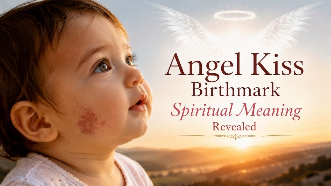 Angel kiss birthmark spiritual meaning shown on a baby’s face with a glowing angelic background.