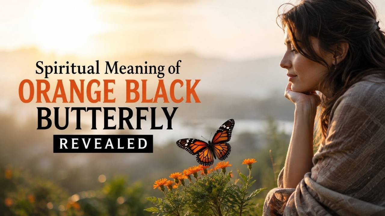 Spiritual meaning of an orange and black butterfly in a peaceful golden-hour meadow with a woman observing it