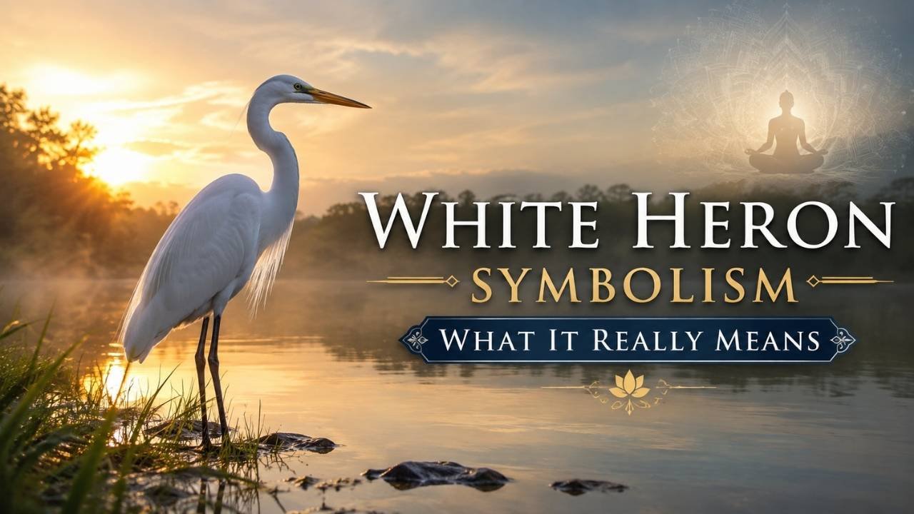 Realistic white heron standing beside a peaceful lake at sunset, symbolizing purity, wisdom, patience, spiritual growth, and inner peace.