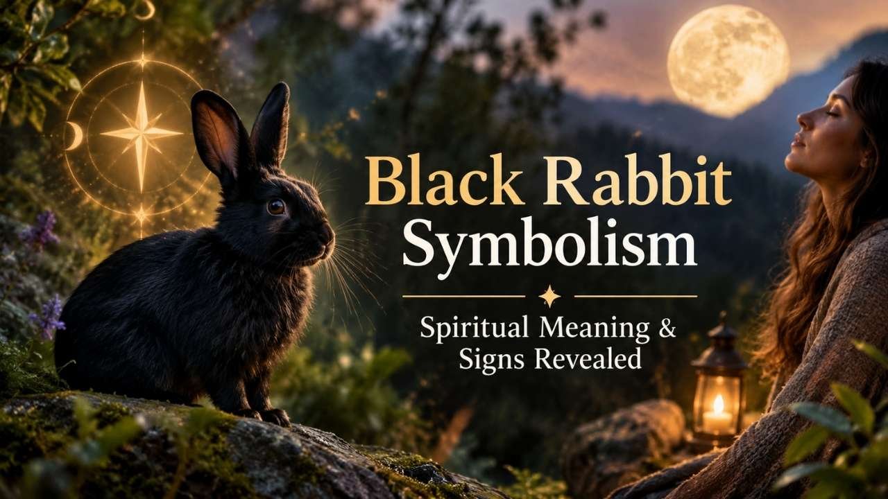Realistic black rabbit in a mystical forest beneath a glowing full moon, with a peaceful woman and spiritual symbols representing black rabbit symbolism and hidden spiritual meanings.