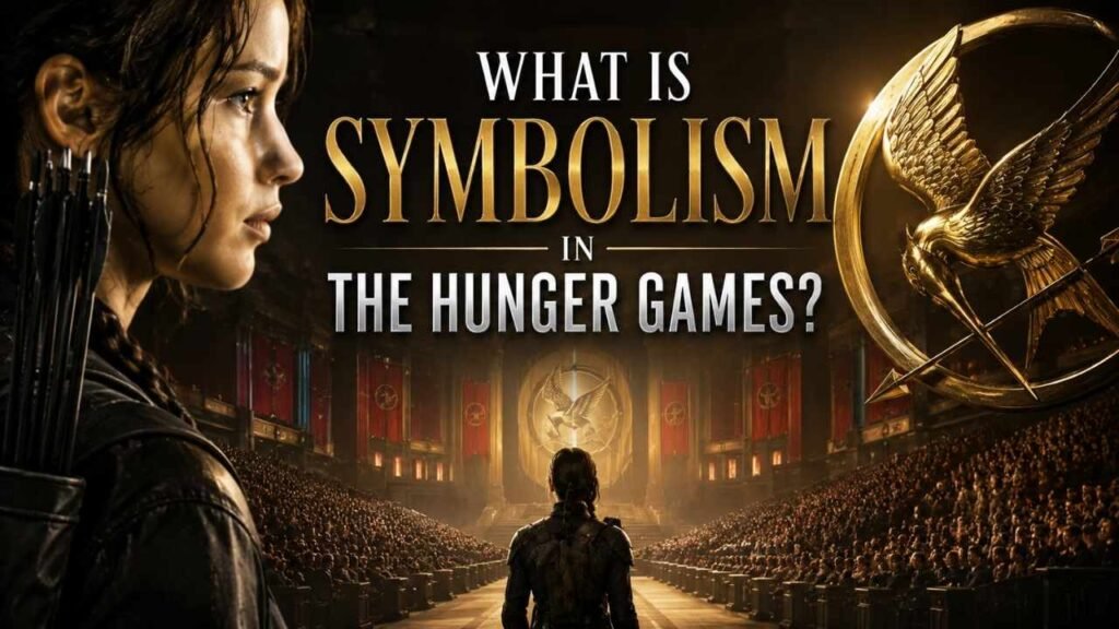 Realistic archer overlooking a dramatic arena with a golden Mockingjay symbol, representing the deeper symbolism and spiritual themes of The Hunger Games.