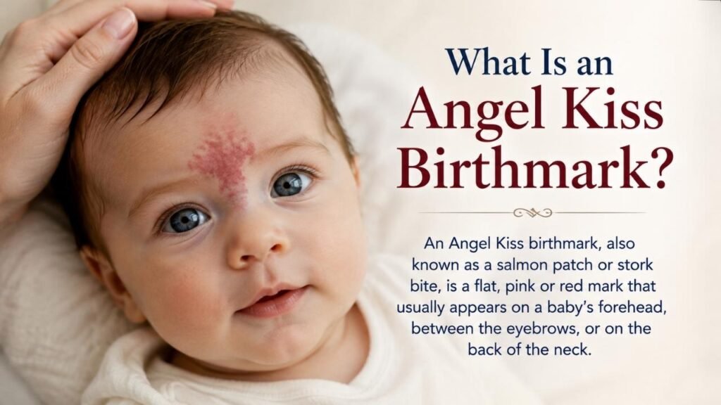 Baby with an angel kiss birthmark on the forehead, illustrating what an angel kiss birthmark is.