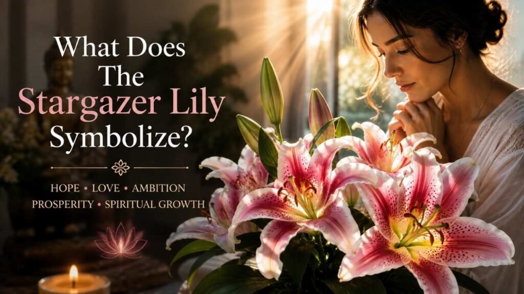 Pink and white Stargazer lilies beside a serene woman in meditation, representing hope, love, prosperity, and spiritual symbolism.