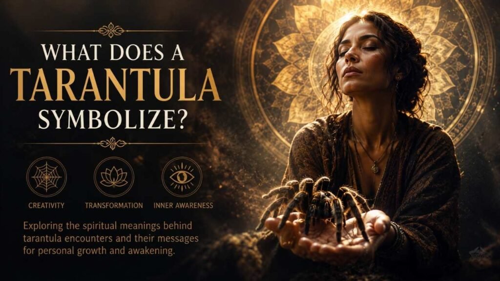 Realistic tarantula resting on a woman’s hands with a glowing mandala behind her, representing the spiritual meaning, transformation, creativity, and inner awareness of a tarantula.