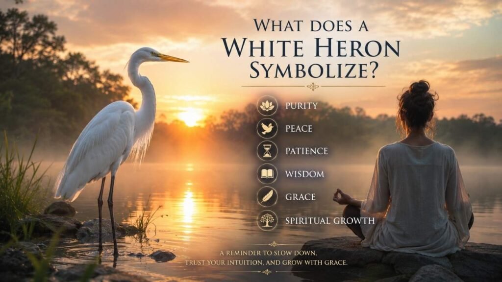 Realistic white heron beside a meditating woman at a misty lake, representing purity, peace, patience, wisdom, grace, and spiritual guidance.