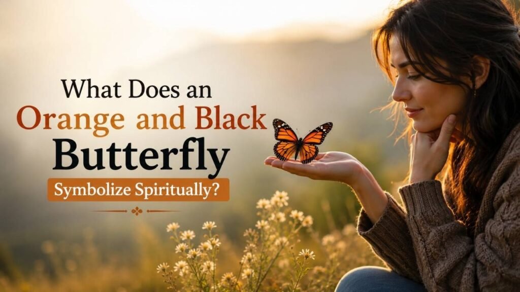 Woman holding an orange and black butterfly on her hand while exploring its spiritual symbolism in nature.