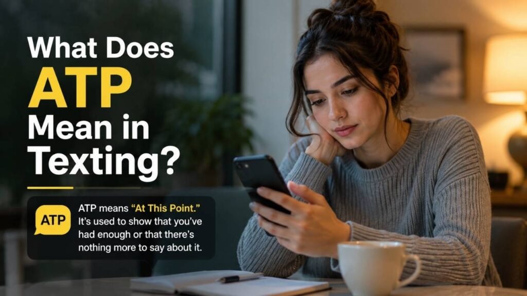 What does ATP mean in texting? A realistic woman reading a text message with “ATP” meaning “At This Point.”