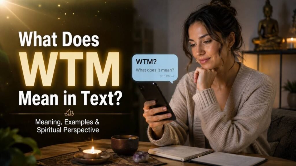 Realistic woman reading a “WTM?” text message on her phone, surrounded by candles and peaceful spiritual elements.