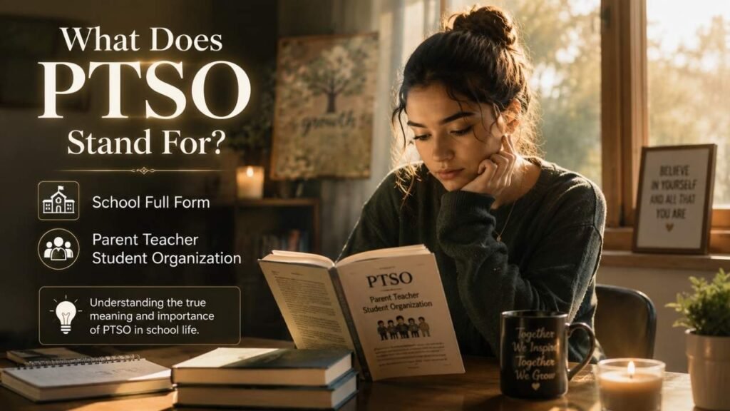 Realistic student reading about PTSO meaning in a warm study setting, with text explaining its Parent Teacher Student Organization full form.