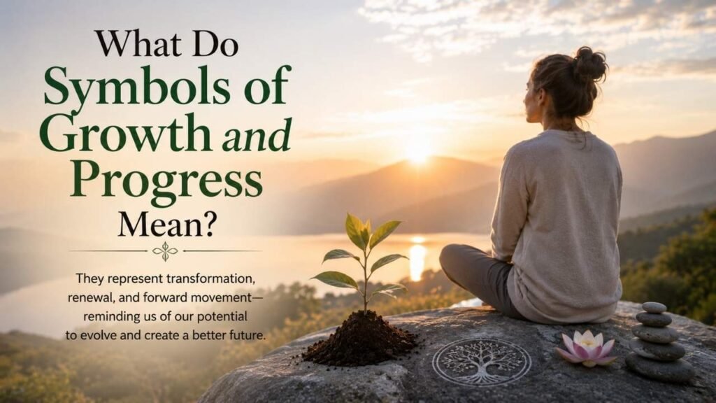 A woman meditating beside a mountain lake at sunrise, surrounded by symbols of growth and progress such as a young plant, lotus flower, and stacked stones.
