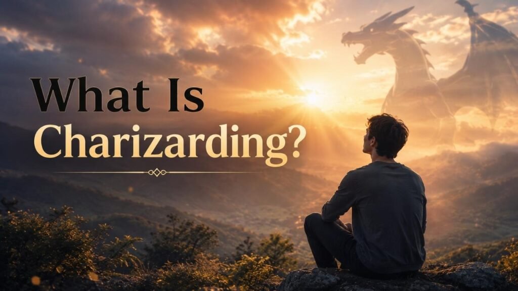 Realistic person sitting on a rocky mountain overlooking a golden valley, with a mystical winged dragon emerging from the clouds and text reading “What Is Charizarding?”