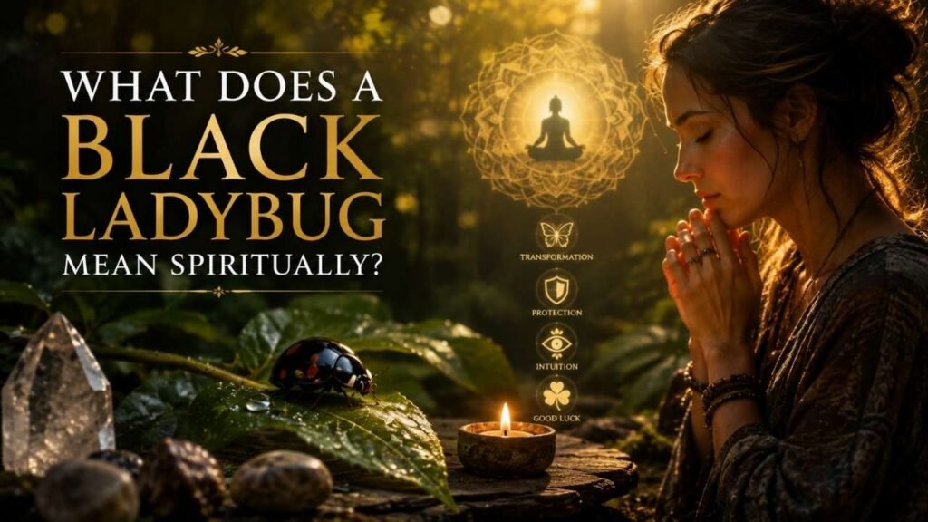 Realistic woman praying beside a black ladybug on a leaf, with golden spiritual light, crystals, and symbols representing transformation, protection, intuition, and good luck.